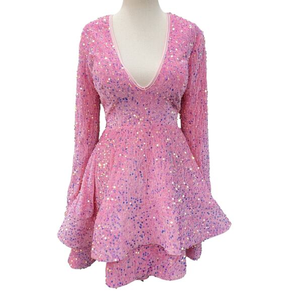 NWT Bubblegum Pink Sequin Short Dress Long Sleeves Open Corset Back - Picture 1 of 10